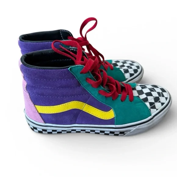 Vans Sk8 Hi Top Shoes Custom 90s Theme Checkered Multicolor Skater Punk M6.5 W8 - Picture 2 of 8